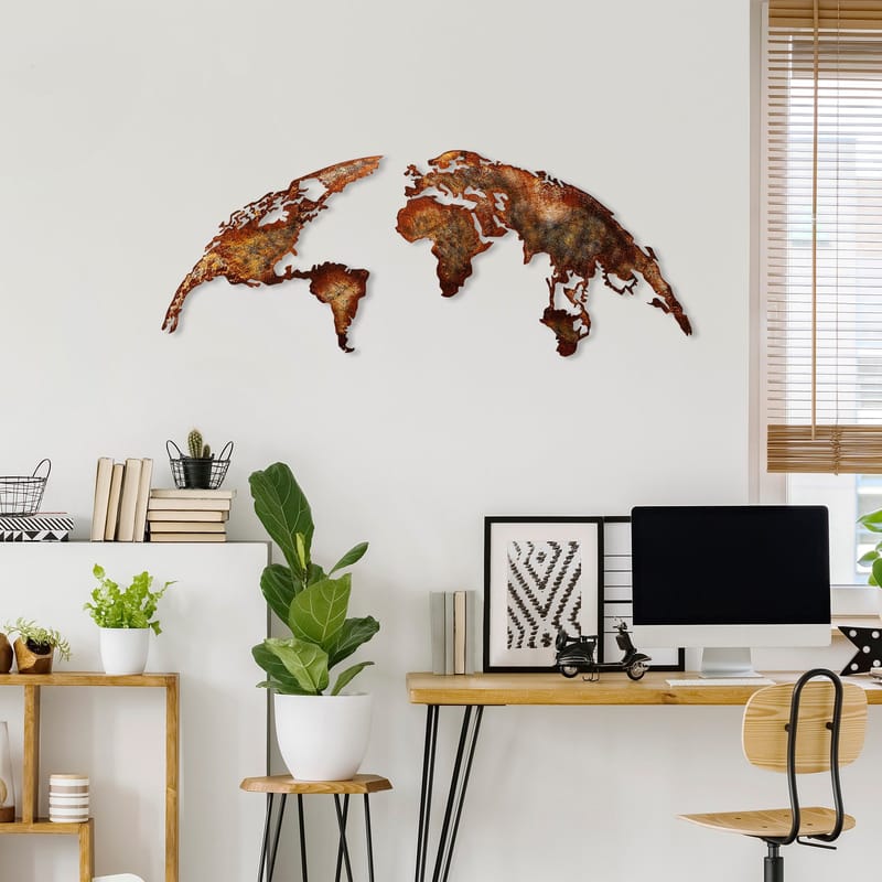 Dekorativ metal-vægdekoration Wallxpert Verdenskort (150 x 59 cm) Lysebrun - Boligtilbehør - Billeder & kunst