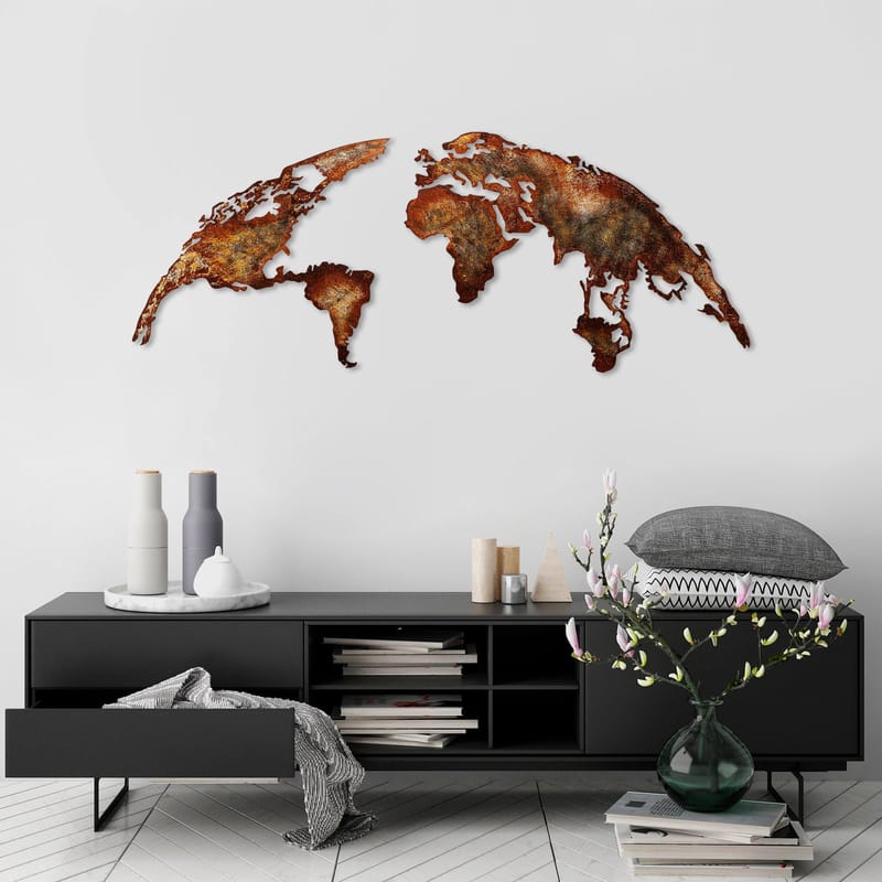 Dekorativ metal-vægdekoration Wallxpert Verdenskort (150 x 59 cm) Lysebrun - Boligtilbehør - Billeder & kunst
