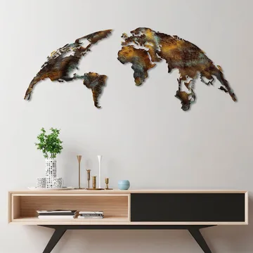 Dekorativ metal-vægdekoration Wallxpert Verdenskort (150 x 59 cm) Mørkebrun - Flerfarvet - Boligtilbehør - Billeder & kunst