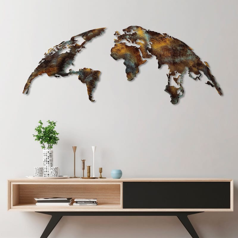 Dekorativ metal-vægdekoration Wallxpert Verdenskort (150 x 59 cm) Mørkebrun - Flerfarvet - Boligtilbehør - Billeder & kunst