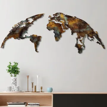 Dekorativ metal-vægdekoration Wallxpert Verdenskort (150 x 59 cm) Mørkebrun - Flerfarvet - Boligtilbehør - Billeder & kunst