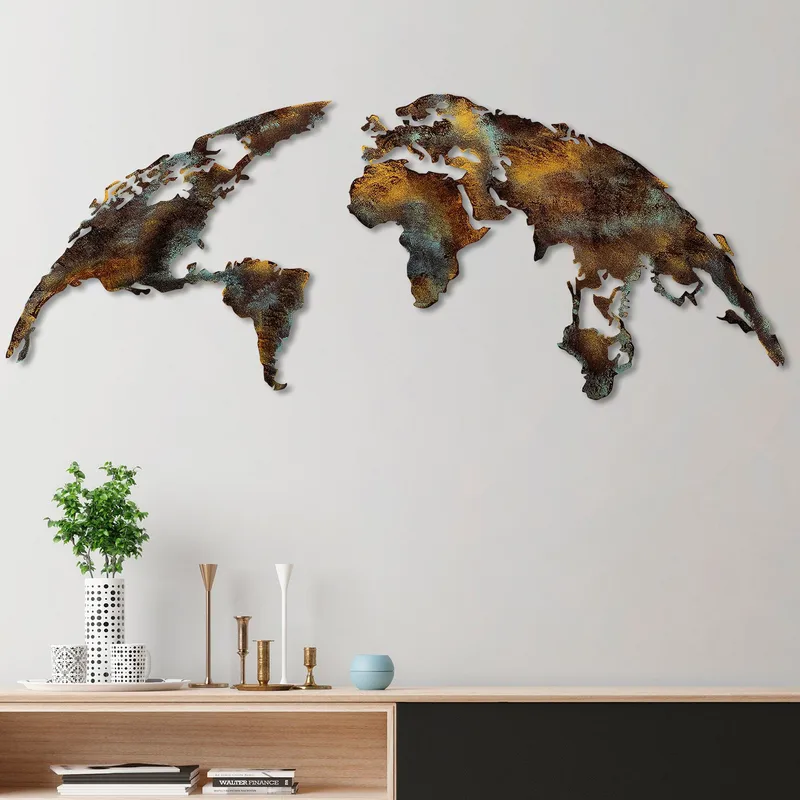 Dekorativ metal-vægdekoration Wallxpert Verdenskort (150 x 59 cm) Mørkebrun - Flerfarvet - Boligtilbehør - Billeder & kunst