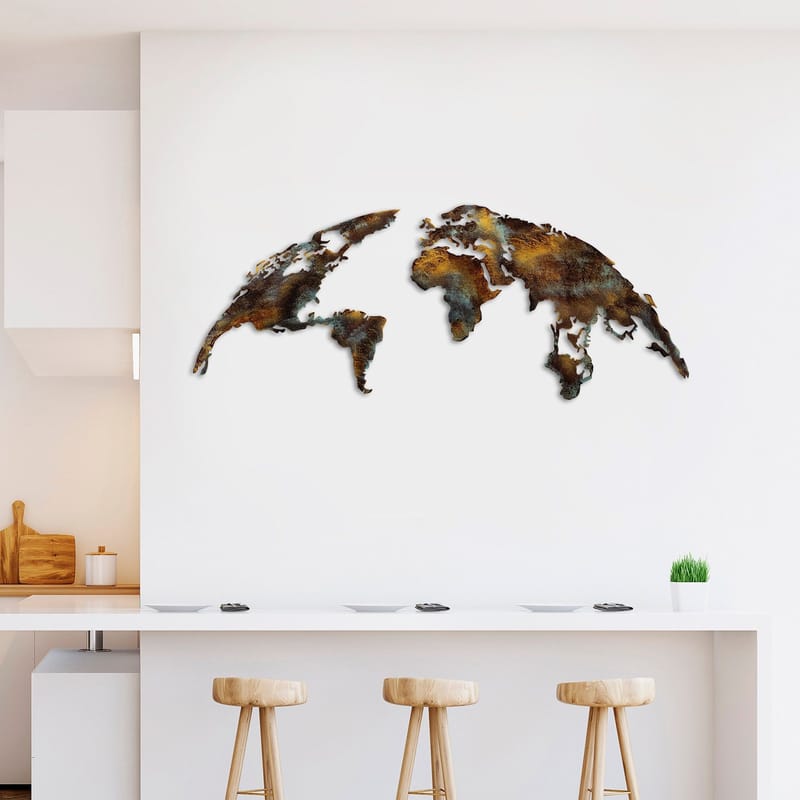 Dekorativ metal-vægdekoration Wallxpert Verdenskort (150 x 59 cm) Mørkebrun - Flerfarvet - Boligtilbehør - Billeder & kunst