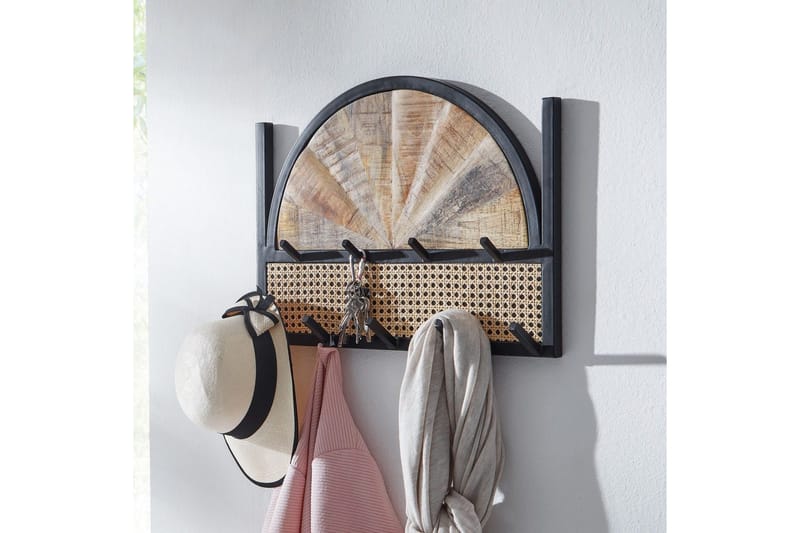 Garderobe Wohnling Væghængt knagerække lavet af mangotræ massivtræ 2-rækkers metal krogstativ pulverlakeret - Opbevaring - Tøjopbevaring - Knagerækker