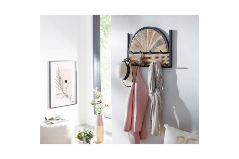 Garderobe Wohnling Væghængt knagerække lavet af mangotræ massivtræ 2-rækkers metal krogstativ pulverlakeret - Opbevaring - Tøjopbevaring - Knagerækker