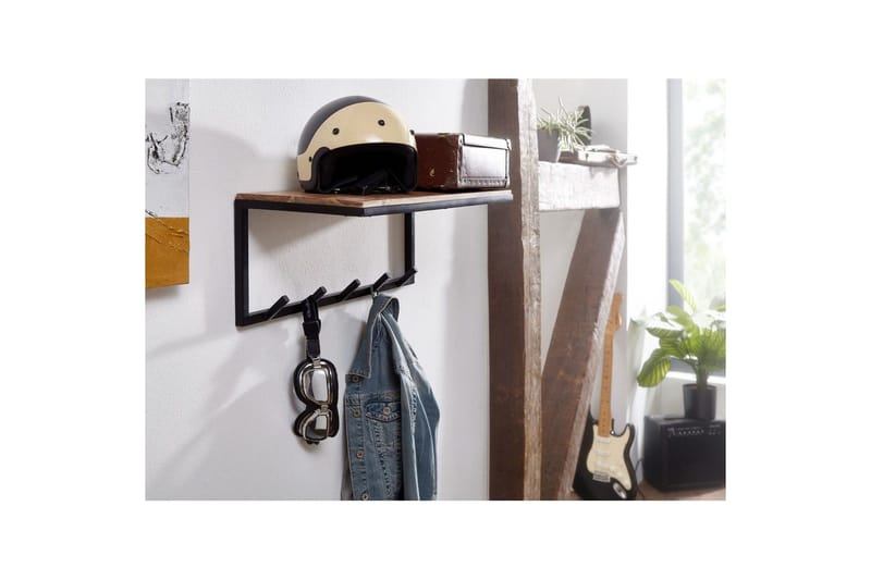 Vægreol Wohnling Knagerække monteret på væggen i massivt træ og metal 70 cm Industriel - Opbevaring - Tøjopbevaring - Knagerækker
