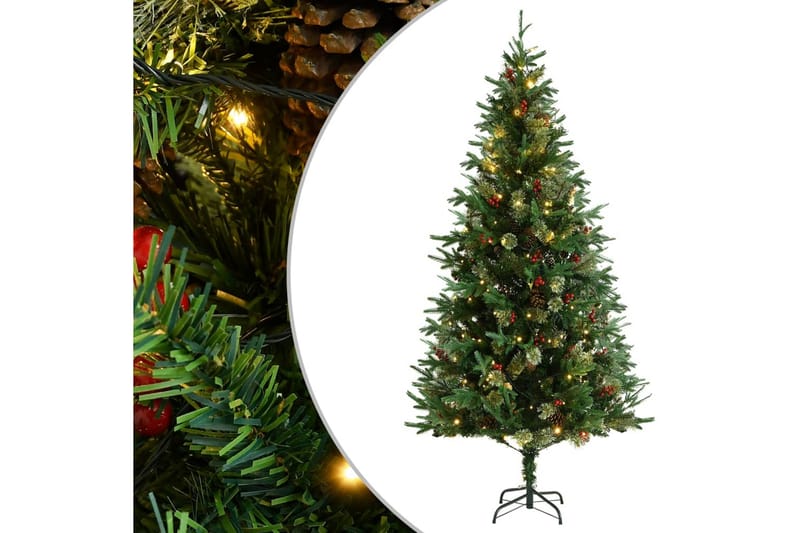 juletræ med LED-lys og grankogler 225 cm PVC & PE grøn - Plastik juletræ