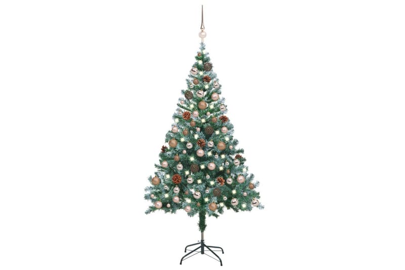 juletræ med rimfrost LED-lys + kuglesæt og grankogler 150 cm - Plastik juletræ