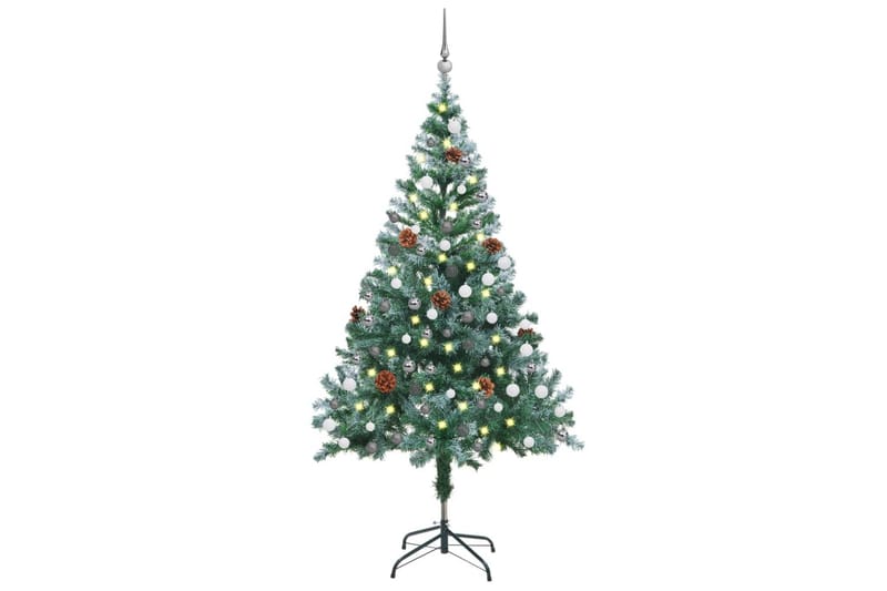 juletræ med rimfrost LED-lys + kuglesæt og grankogler 150cm - Plastik juletræ