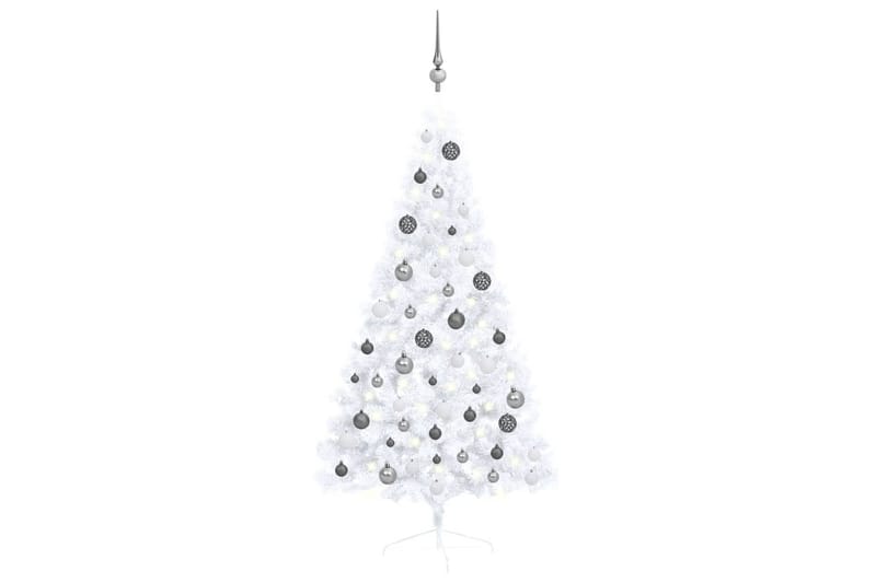 kunstigt halvt juletræ med LED-lys og kuglesæt 150 cm hvid - Plastik juletræ
