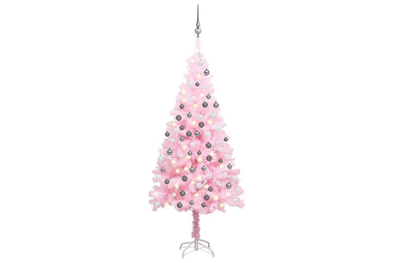 kunstigt juletræ med LED-lys og kuglesæt 150 cm PVC pink - Plastik juletræ