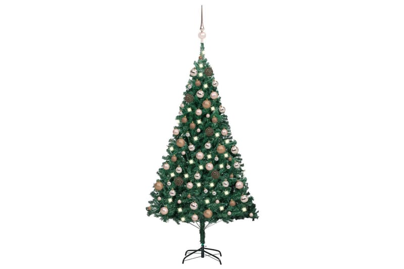 kunstigt juletræ med LED-lys og kuglesæt 150 cm PVC grøn - Plastik juletræ