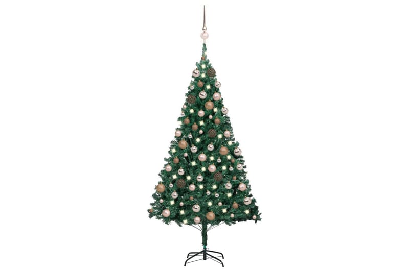 kunstigt juletræ med LED-lys og kuglesæt 180 cm PVC grøn - Plastik juletræ