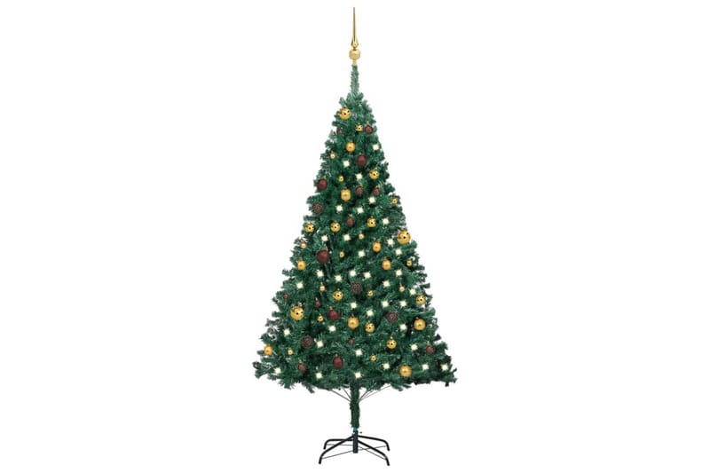 kunstigt juletræ med LED-lys og kuglesæt 180 cm PVC grøn - Plastik juletræ