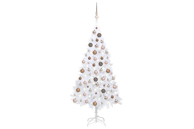 kunstigt juletræ med LED-lys og kuglesæt 180 cm PVC hvid - Plastik juletræ