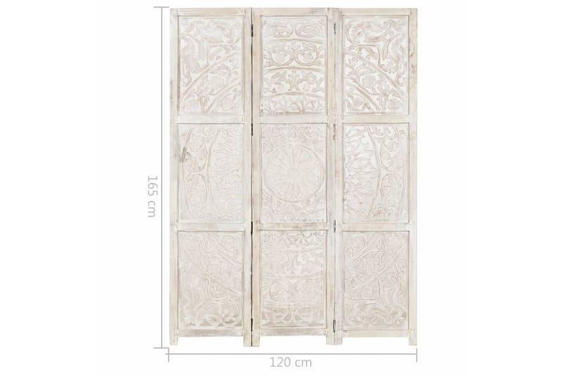 3-panels rumdeler håndskåret 120x165 cm massivt mangotræ hvi - Hvid - Boligtilbehør - Rumdelere - Skærmvæg
