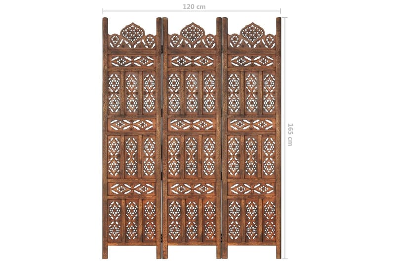 3-panels rumdeler håndskåret 120x165 cm massivt mangotræ bru - Brun - Boligtilbehør - Rumdelere - Skærmvæg
