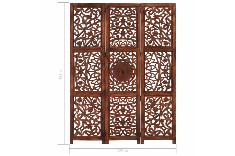 3-panels rumdeler håndskåret 120x165 cm massivt mangotræ bru - Brun - Boligtilbehør - Rumdelere - Skærmvæg