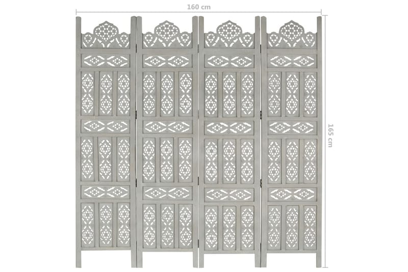 4-panels rumdeler håndskåret 160x165 cm massivt mangotræ grå - Grå - Boligtilbehør - Rumdelere - Skærmvæg