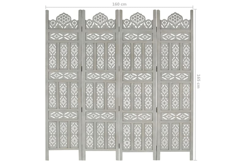 4-panels rumdeler håndskåret 160x165 cm massivt mangotræ grå - Grå - Skærmvæg - Rumdelere
