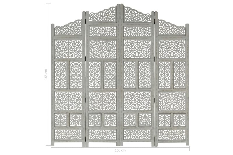 4-Panels Rumdeler Håndskåret 160x165 cm Massivt Mangotræ Grå - Grå - Boligtilbehør - Rumdelere - Skærmvæg