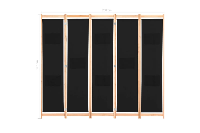 5-Panels Rumdeler 200 X 170 X 4 Cm Stof Sort - Sort - Boligtilbehør - Rumdelere - Skærmvæg