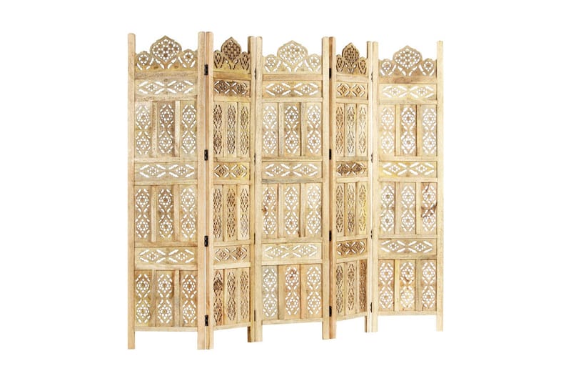 5-panels rumdeler håndskåret 200 x 165 cm massivt mangotræ - Brun - Boligtilbehør - Rumdelere - Skærmvæg