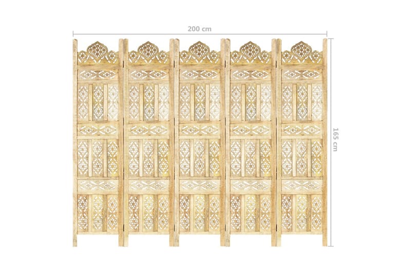 5-panels rumdeler håndskåret 200 x 165 cm massivt mangotræ - Brun - Boligtilbehør - Rumdelere - Skærmvæg