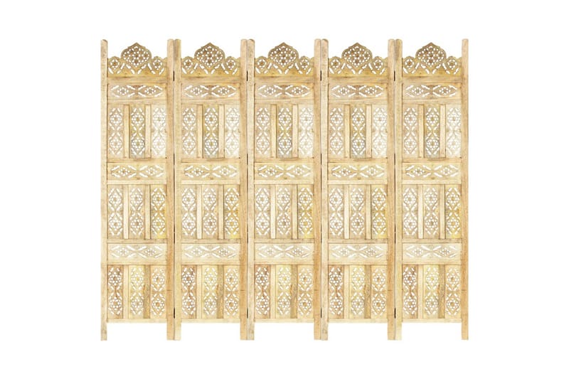 5-panels rumdeler håndskåret 200 x 165 cm massivt mangotræ - Brun - Boligtilbehør - Rumdelere - Skærmvæg