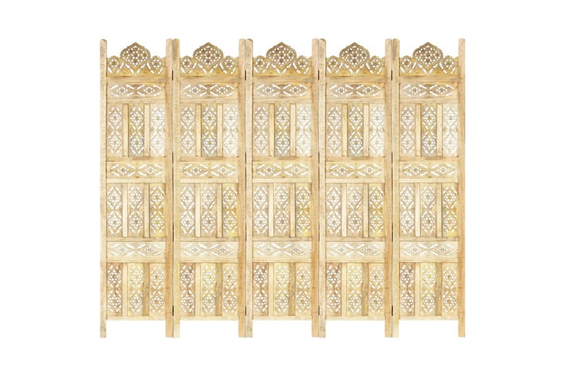5-panels rumdeler håndskåret 200 x 165 cm massivt mangotræ - Brun - Skærmvæg - Rumdelere