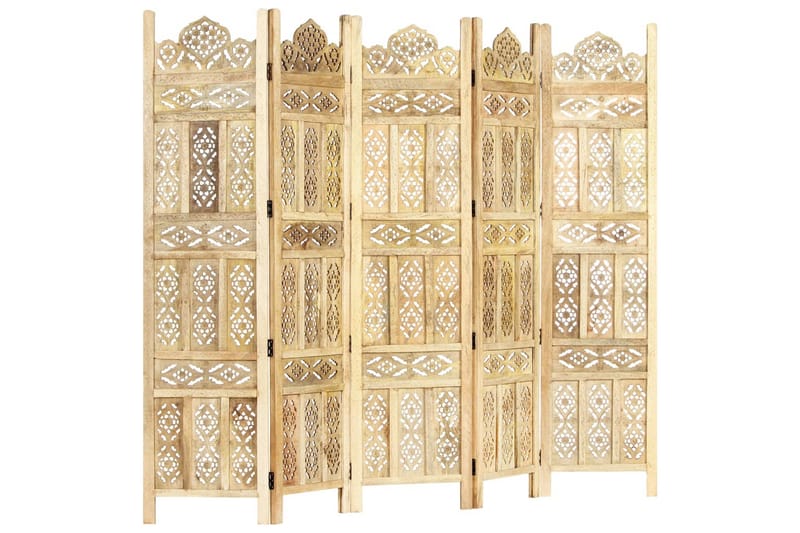 5-panels rumdeler håndskåret 200 x 165 cm massivt mangotræ - Brun - Boligtilbehør - Rumdelere - Skærmvæg