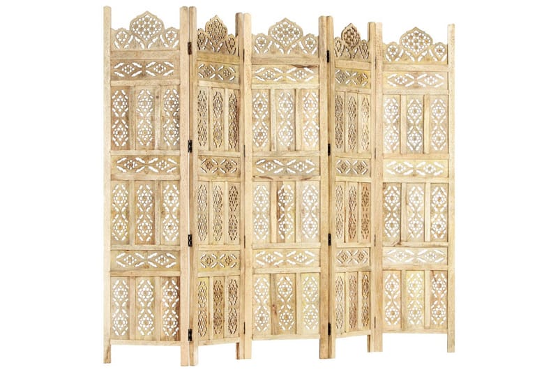 5-panels rumdeler håndskåret 200 x 165 cm massivt mangotræ - Brun - Boligtilbehør - Rumdelere - Skærmvæg
