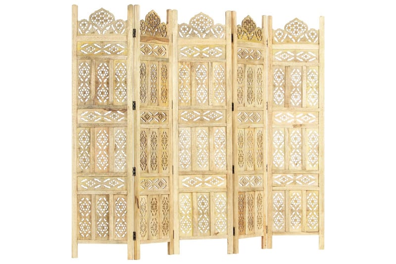 5-panels rumdeler håndskåret 200 x 165 cm massivt mangotræ - Brun - Boligtilbehør - Rumdelere - Skærmvæg