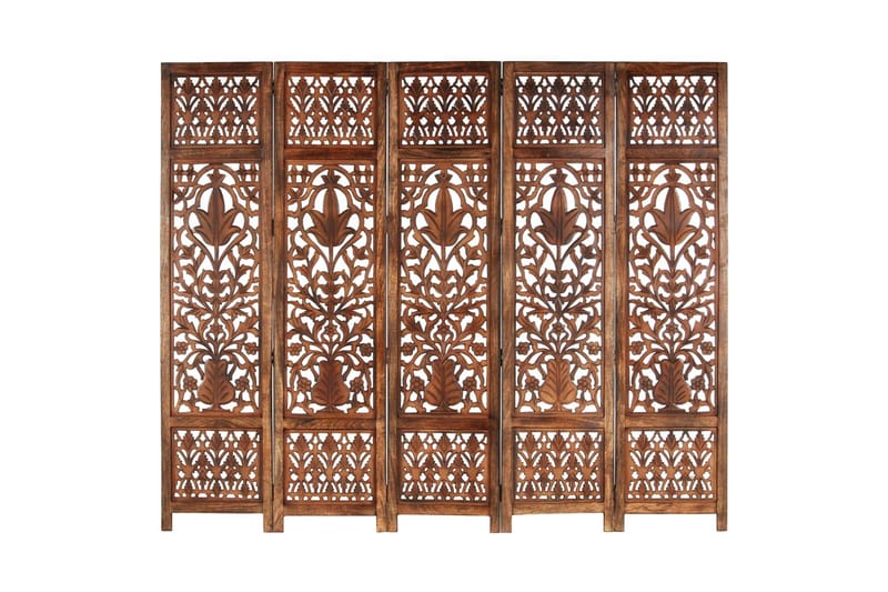 5-panels rumdeler håndskåret 200x165 cm massivt mangotræ bru - Grå - Boligtilbehør - Rumdelere - Skærmvæg
