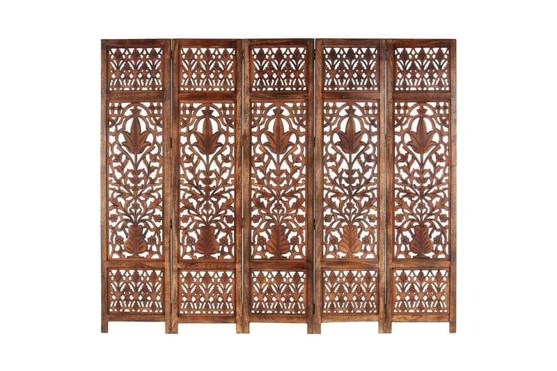 5-panels rumdeler håndskåret 200x165 cm massivt mangotræ bru - Grå - Skærmvæg - Rumdelere