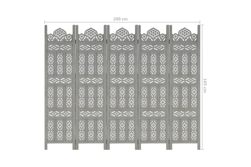5-panels rumdeler håndskåret 200x165 cm massivt mangotræ grå - Grå - Boligtilbehør - Rumdelere - Skærmvæg