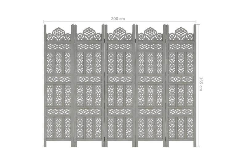 5-panels rumdeler håndskåret 200x165 cm massivt mangotræ grå - Grå - Skærmvæg - Rumdelere