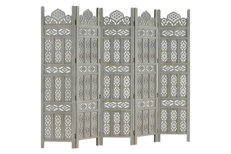 5-panels rumdeler håndskåret 200x165 cm massivt mangotræ grå - Grå - Boligtilbehør - Rumdelere - Skærmvæg