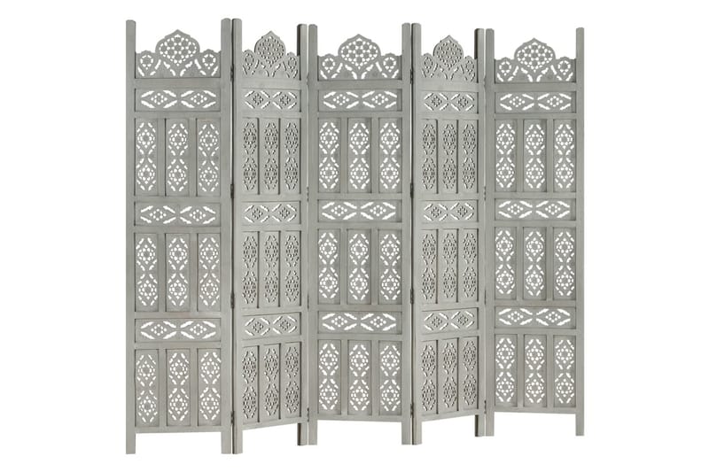 5-panels rumdeler håndskåret 200x165 cm massivt mangotræ grå - Grå - Boligtilbehør - Rumdelere - Skærmvæg