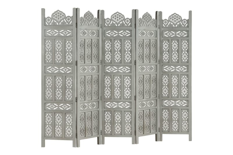 5-panels rumdeler håndskåret 200x165 cm massivt mangotræ grå - Grå - Boligtilbehør - Rumdelere - Skærmvæg