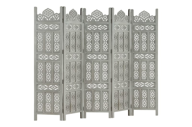 5-panels rumdeler håndskåret 200x165 cm massivt mangotræ grå - Grå - Skærmvæg - Rumdelere