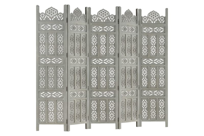 5-panels rumdeler håndskåret 200x165 cm massivt mangotræ grå - Grå - Boligtilbehør - Rumdelere - Skærmvæg