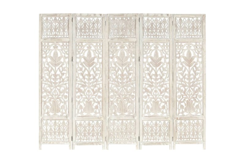 5-panels rumdeler håndskåret 200x165 cm massivt mangotræ hvi - Hvid - Skærmvæg - Rumdelere