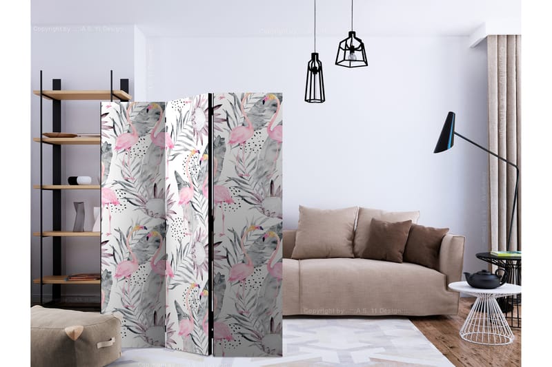 Rumdeler Flamingos and Twigs 135x172 cm - Artgeist sp. z o. o. - Boligtilbehør - Rumdelere - Foldeskærm