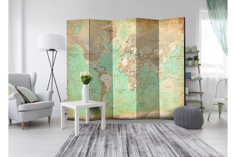 Rumdeler Turquoise World Map 225x172 - Artgeist sp. z o. o. - Boligtilbehør - Rumdelere - Foldeskærm