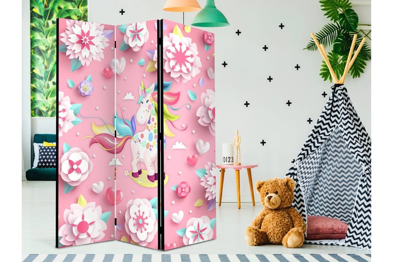 Rumdeler Unicorn on Flowerbed 135x172 cm - Artgeist sp. z o. o. - Boligtilbehør - Rumdelere - Foldeskærm