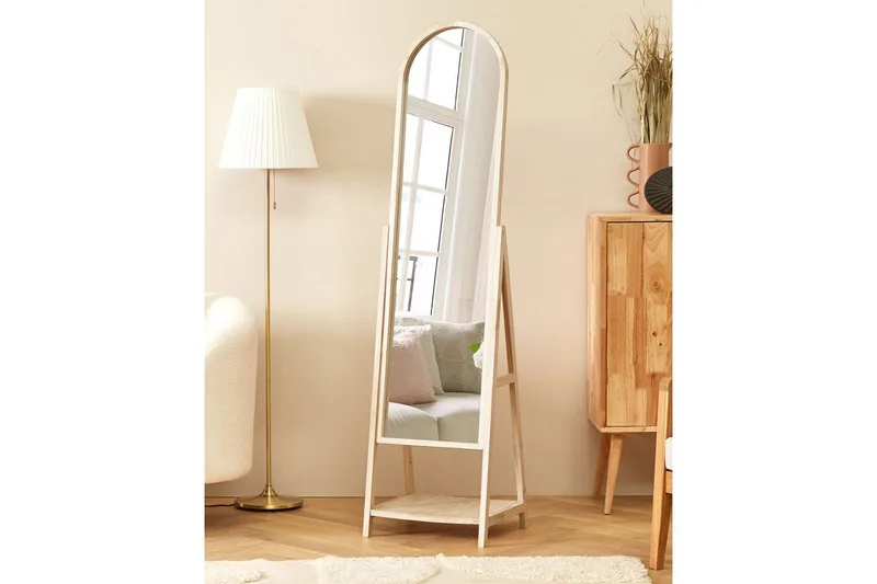Golvspegel med hylla Beliani Chambery Light colored wood - Boligtilbehør - Spejle - Helkropsspejl