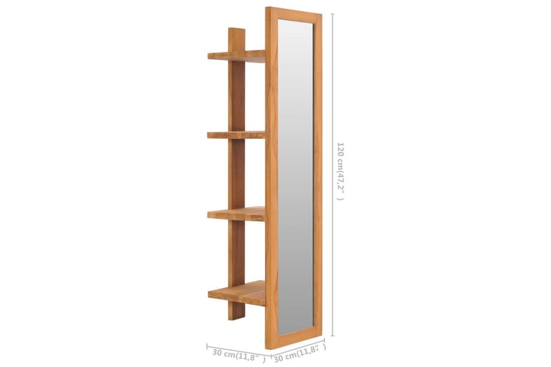 Vægspejl Med Hylder 30x30x120 cm Massivt Teaktræ - Boligtilbehør - Spejle - Makeupspejl