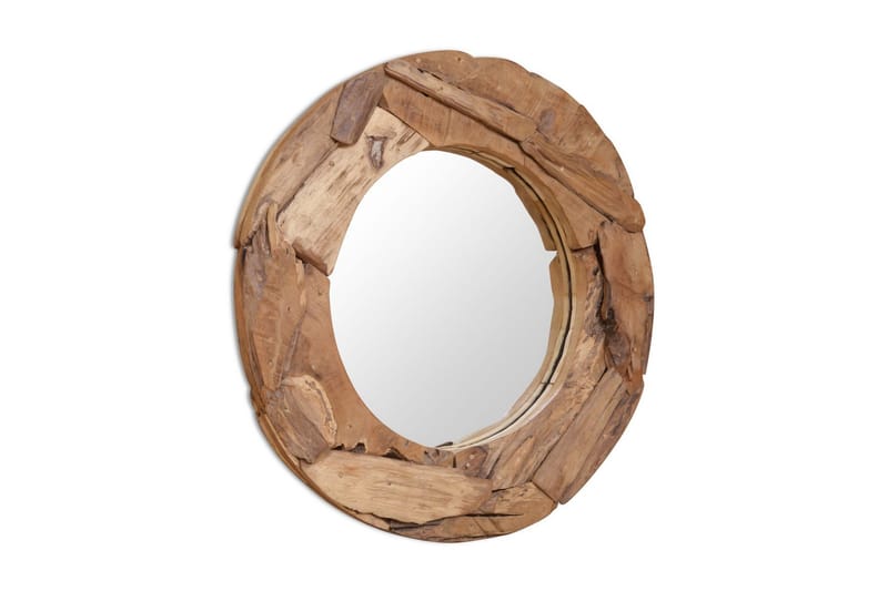 Dekorativt Spejl I Teak 80 Cm Rundt - Brun - Vægspejl - Entréspejl