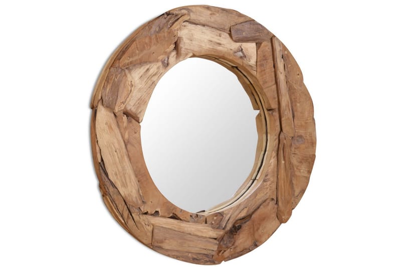 Dekorativt Spejl I Teak 80 Cm Rundt - Brun - Vægspejl - Entréspejl